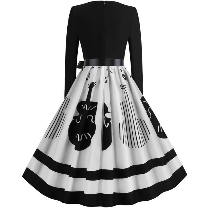 Damen Swing-Kleid im Retro-Stil mit instrumentalem Print, tailliertem Oberteil und voluminösem Tellerrock Drune