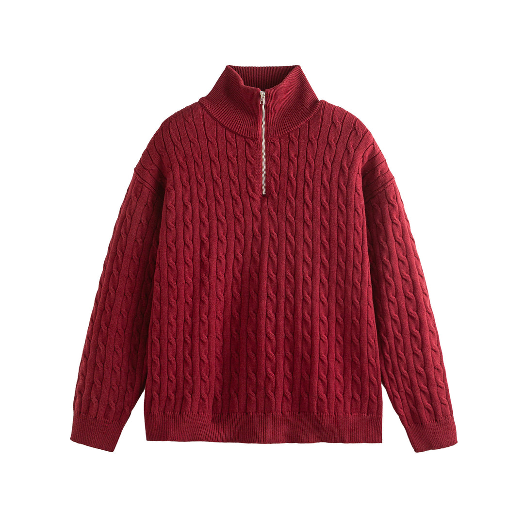Unisex Grobgestrickter Zopfmuster-Pullover mit Halbzip und hohem Rippkragen Drune
