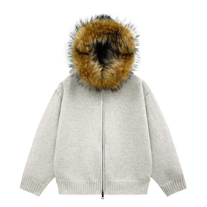 Damen Strick-Bomberjacke mit Kapuze und abnehmbarem Kunstfellbesatz Drune