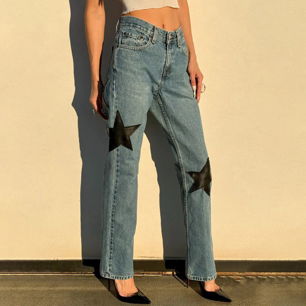 Damen Modische Jeans mit auffälligen Sternenapplikationen Drune