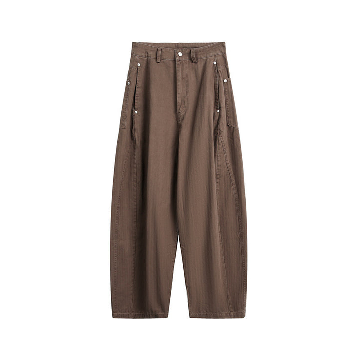 Damen Weite High‑Waist Cargo-Hose mit tiefem Schritt und aufgesetzten Seitentaschen Drune