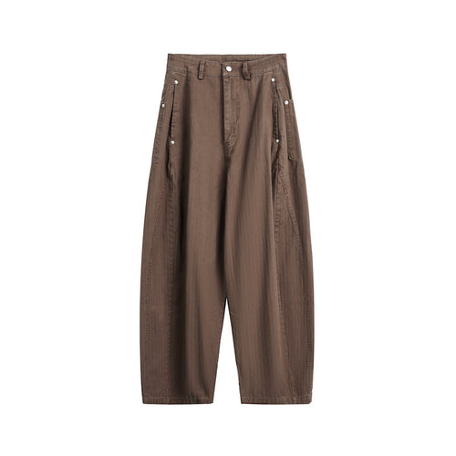 Damen Weite High‑Waist Cargo-Hose mit tiefem Schritt und aufgesetzten Seitentaschen Drune
