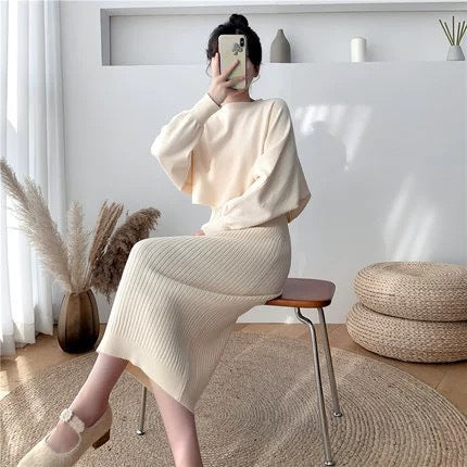 Damen elegante Strickkleid mit Ribstruktur und voluminösen Ärmeln Drune
