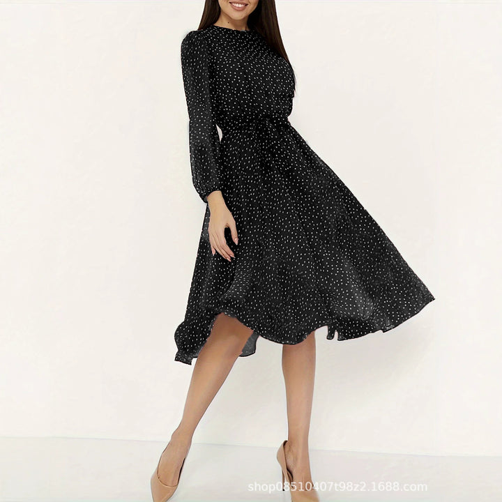 Damen Midikleid mit Punkten, taillierter Bindegürtel und Volantrock Drune