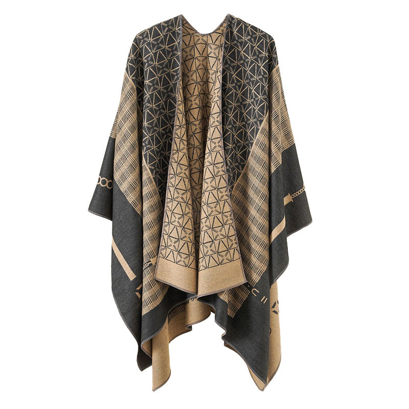 Damen Geometrisches Jacquard-Ruana-Cape aus Wollmix mit offener Kimono-Silhouette Drune