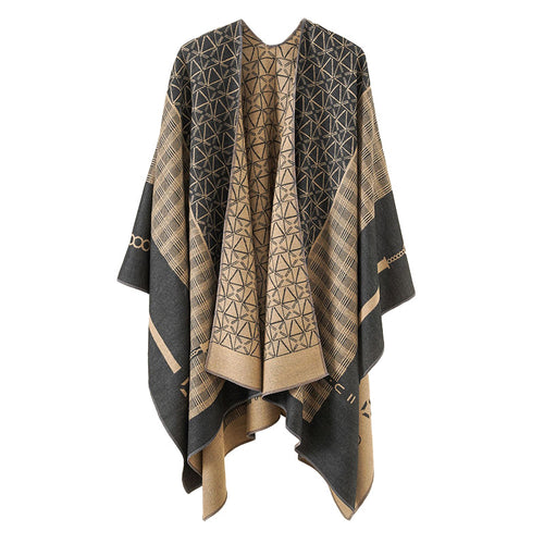 Damen Geometrisches Jacquard-Ruana-Cape aus Wollmix mit offener Kimono-Silhouette Drune