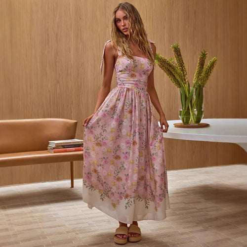 Damen Maxikleid mit floralen Akzenten und verstellbaren Spaghettiträgern Drune