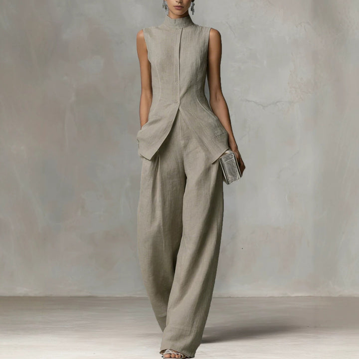 Damen Ärmelloser Leinen-Jumpsuit mit Stehkragen und weitem Bein Drune