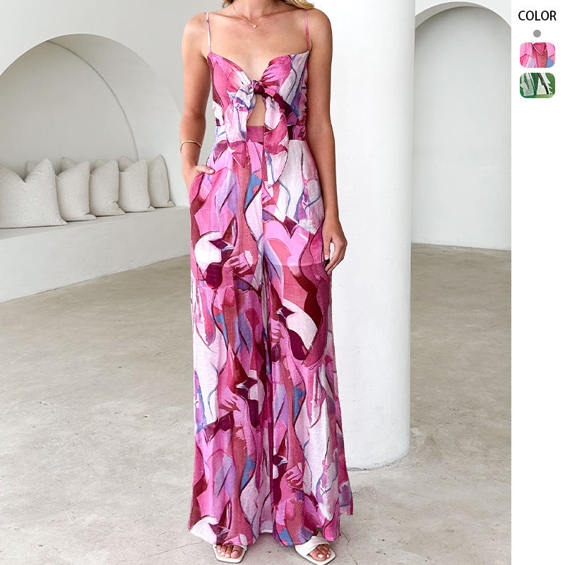Damen Eleganter Jumpsuit mit floralem Design und verstellbaren Spaghettiträgern Drune