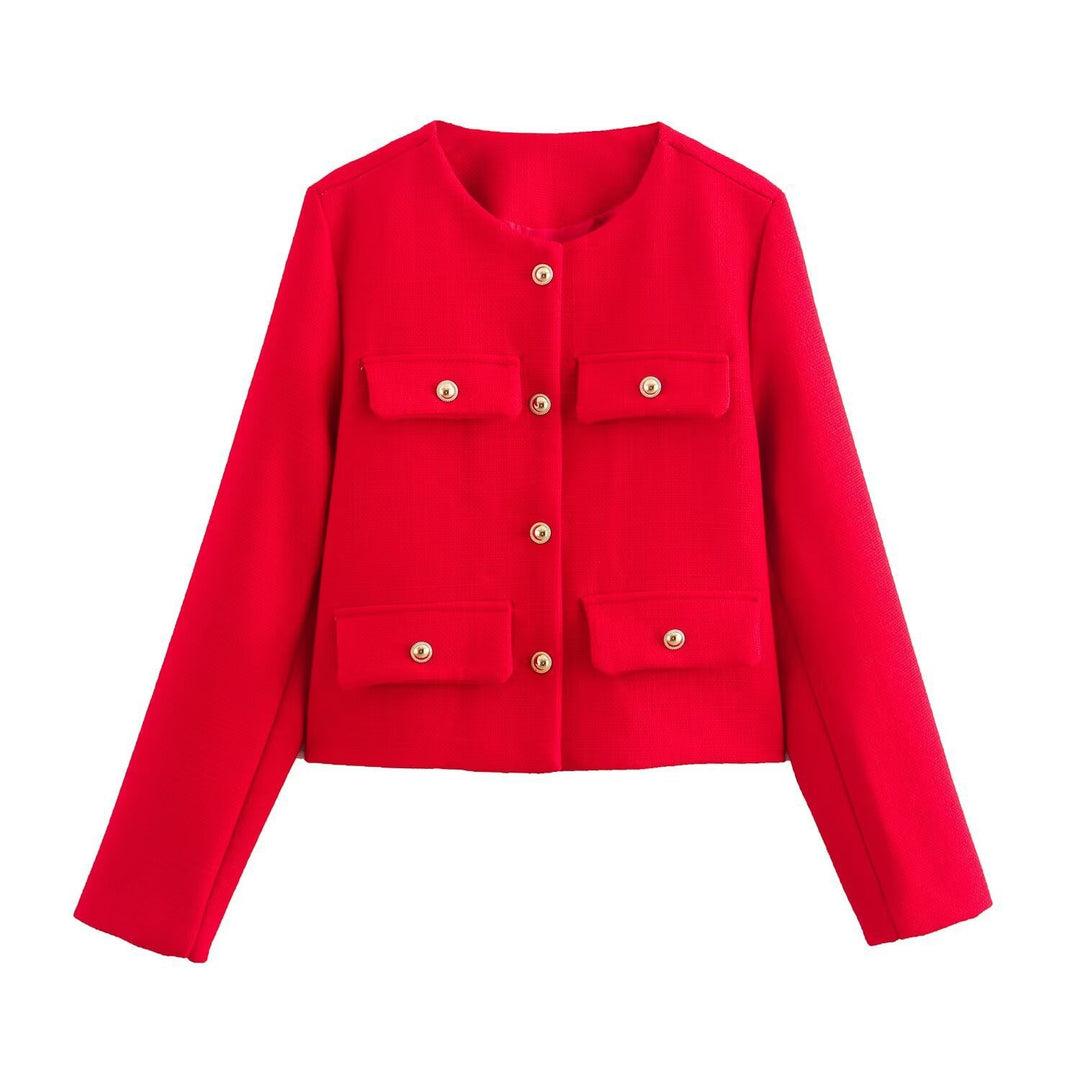 Damen Kurze Bouclé-Blazerjacke mit Rundhalsausschnitt, Zierleistentaschen und goldfarbenen Knöpfen Drune