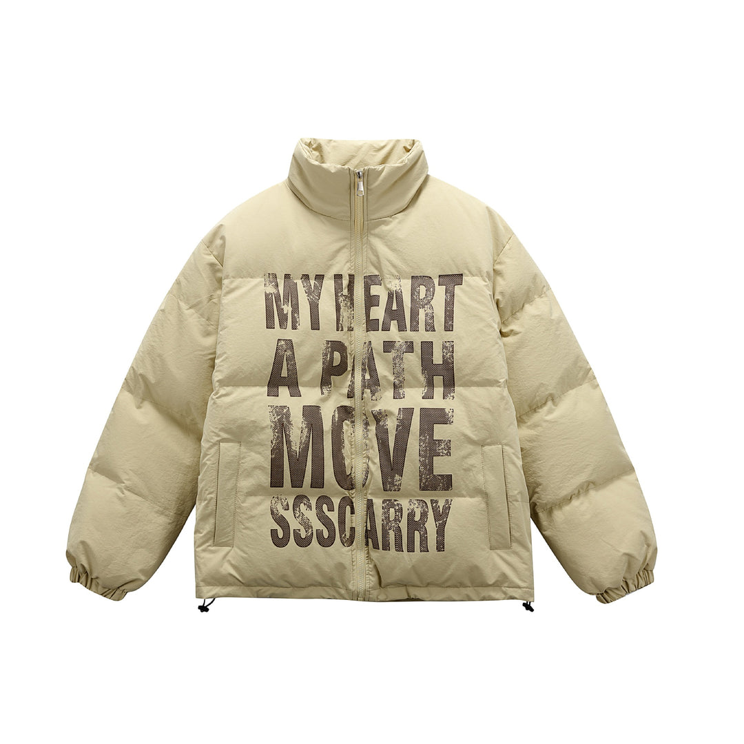 Unisex Oversize Steppjacke mit hohem Stehkragen und Statement-Print Drune