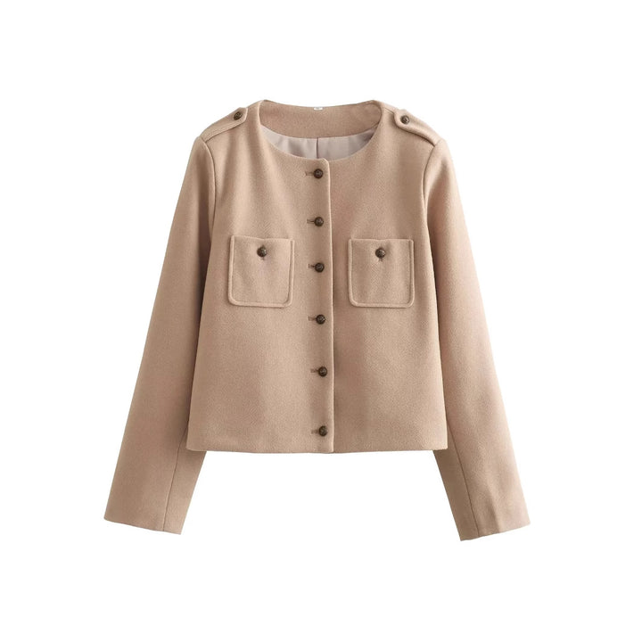 Damen nan kurze Wolloptik-Jacke mit Rundhalsausschnitt, aufgesetzten Pattentaschen und Schulterpatten Drune