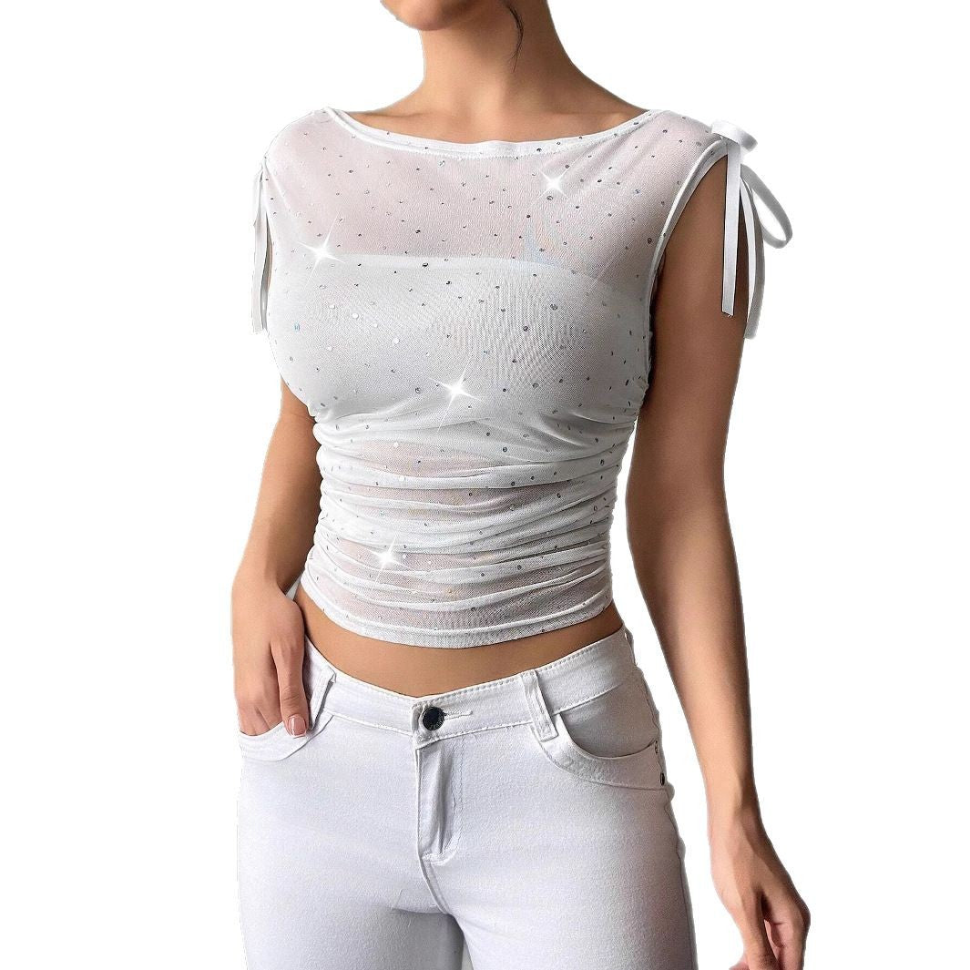 Damen nan transparentes Netz-Oberteil mit funkelnden Glitzersteinen, Schulterknoten und Taillenraffung Drune