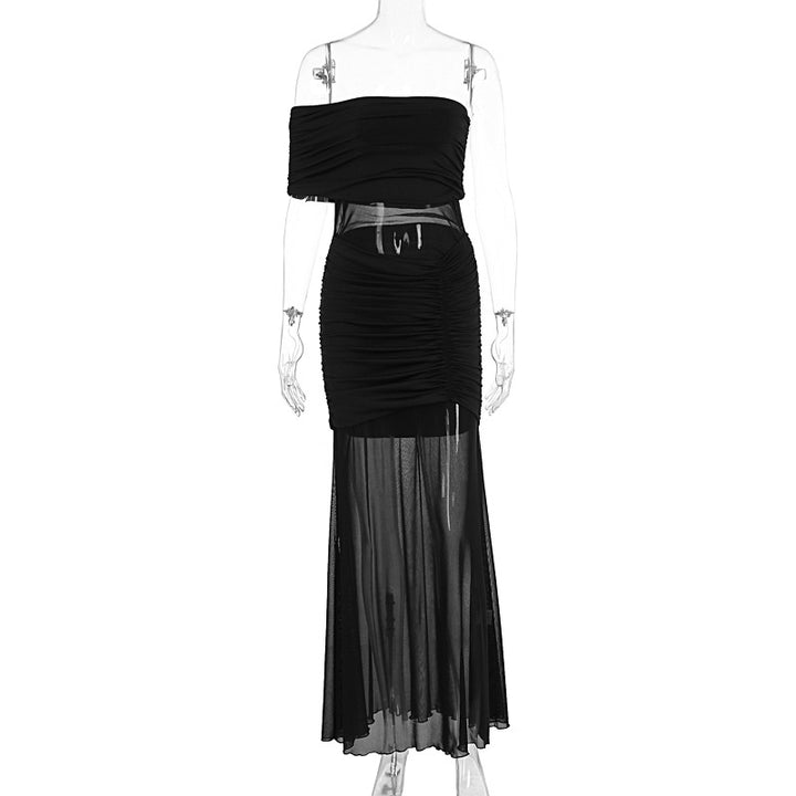 Damen Off-Shoulder Maxikleid mit transparenten Elemente und Raffung Drune