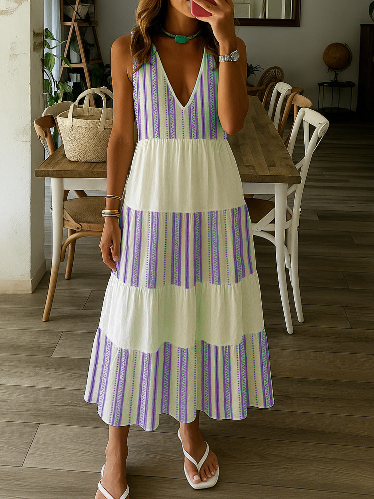 Damen Sommerliches Maxikleid mit tiefem V-Ausschnitt und breitem Rock Drune
