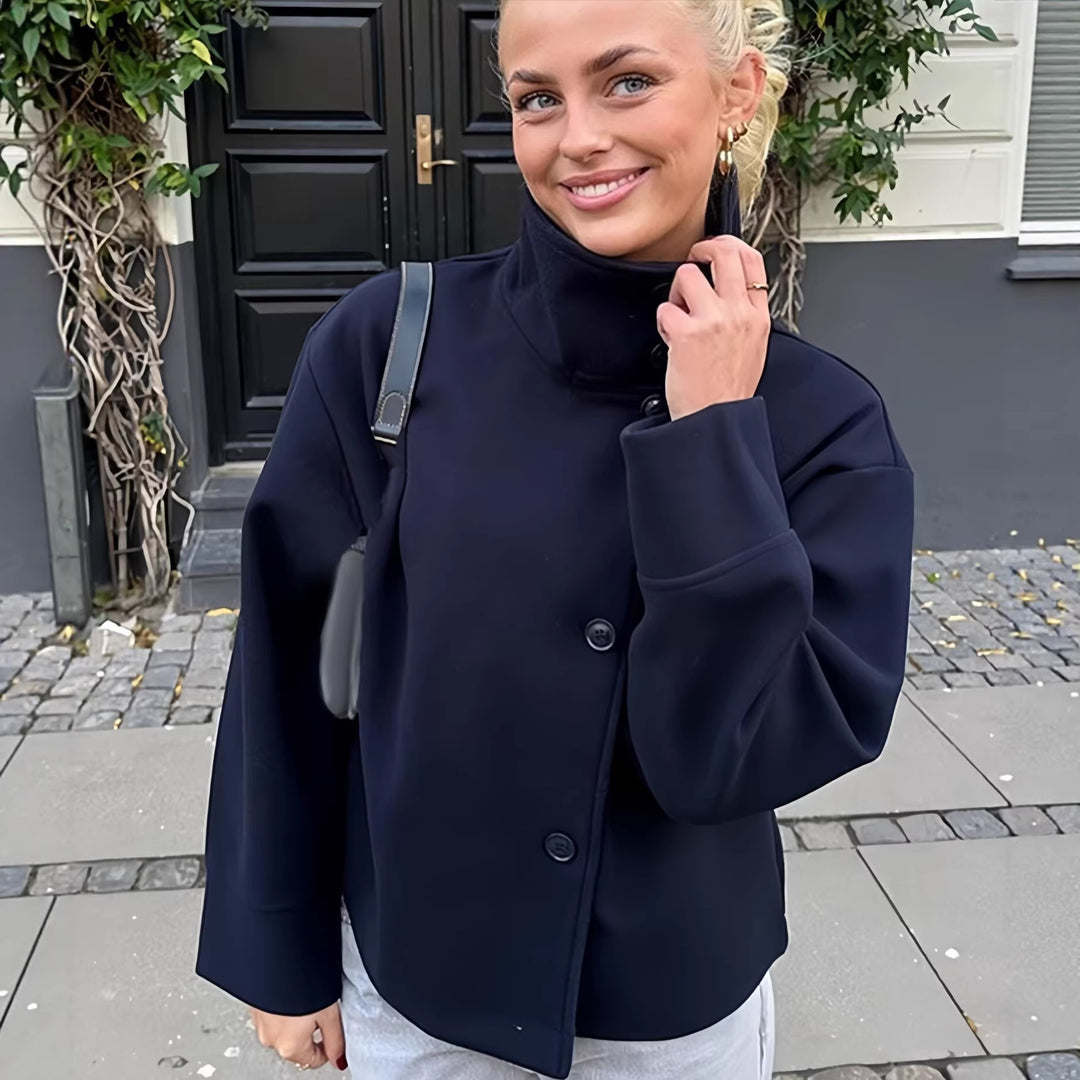 Damen Kurze Boxy-Wollmix-Jacke mit Stehkragen und aufgesetzten Pattentaschen Drune