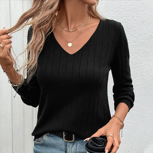Damen V-Ausschnitt Pullover mit Rippstruktur und langen Ärmeln Drune