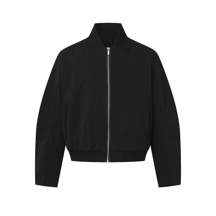 Unisex Kurz geschnittene minimalistische Bomberjacke mit geripptem Stehkragen und verdeckter Reißverschlussblende Drune