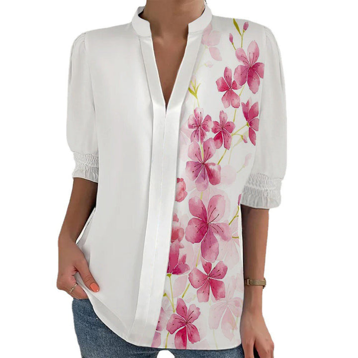 Damen Blumenprint Tunika-Bluse mit Stehkragen, geschlitzter V‑Blende und gerafften 3/4-Ärmeln Drune