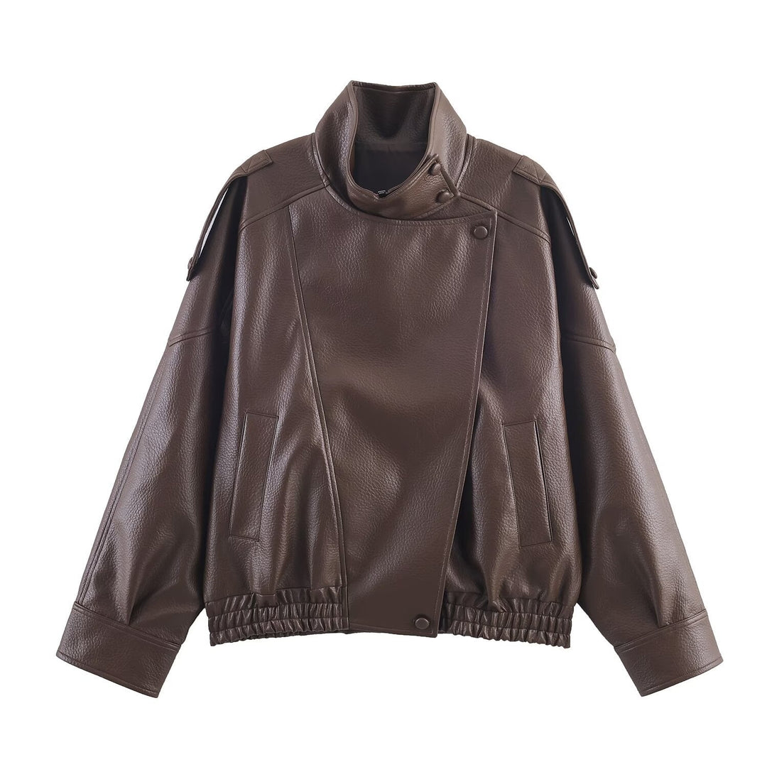 Damen Kunstlederjacke im modernen Design mit hochgeschlossenem Kragen und praktischen Taschen Drune