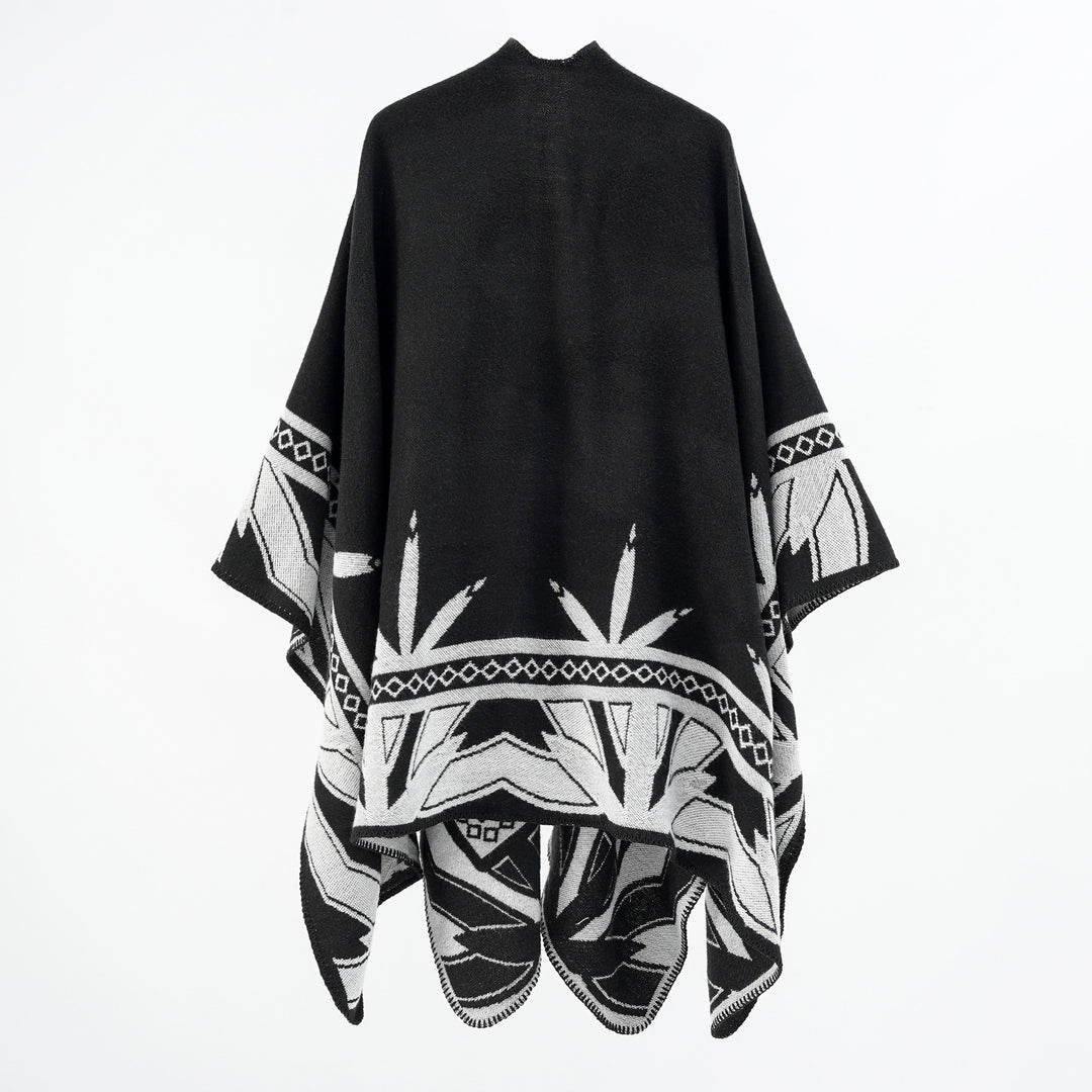 Damen Grobgewebter Umhangponcho aus Wollmix mit V-Ausschnitt und Ornamentjacquard Drune