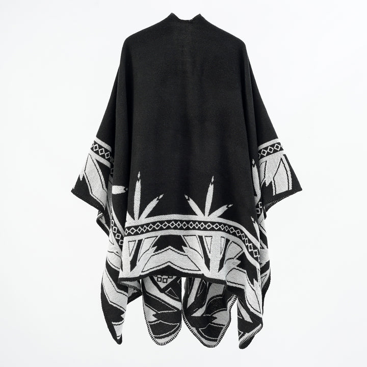 Damen Grobgewebter Umhangponcho aus Wollmix mit V-Ausschnitt und Ornamentjacquard Drune