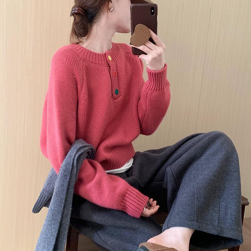 Damen Gemütlicher Pullover mit bunten Knopfdetails und weichem Material Drune