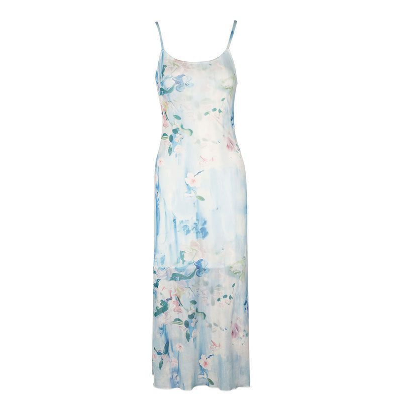 Damen fließendes Maxikleid mit Spaghettiträgern und floralem Druck Drune