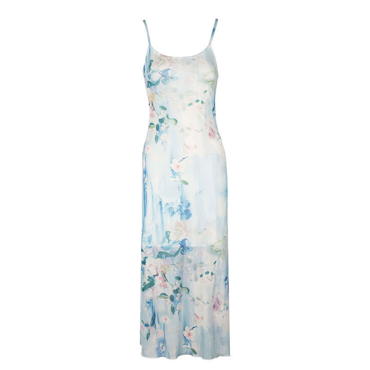 Damen fließendes Maxikleid mit Spaghettiträgern und floralem Druck Drune