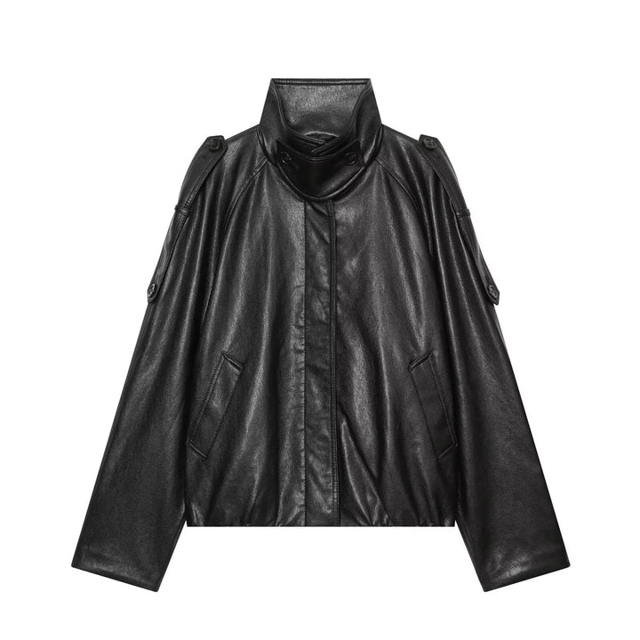 Damen Oversized Cropped Lederoptik‑Jacke mit hohem Stehkragen und Epauletten Drune