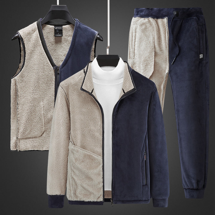 Herren wärmendes Fleece-Dreiteiliges Set mit Reißverschlussjacke, Teddyweste und Jogginghose Drune