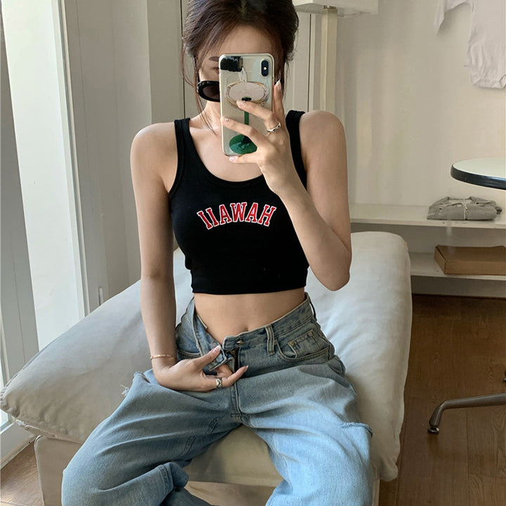 Damen Cropped Tanktop mit kreativem Schriftzug und bequemen Schnitt