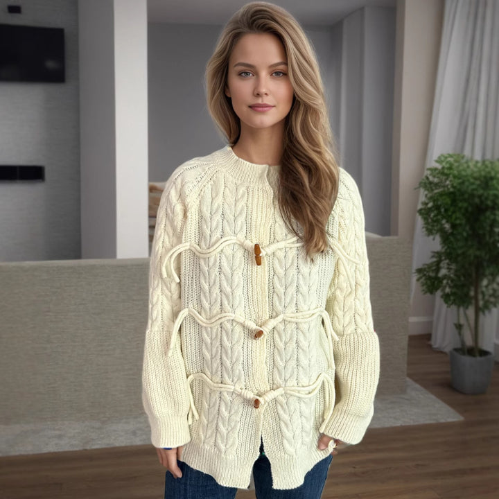 Damen Grobstrickjacke mit einzigartigem Kordelzug und dekorativen Holzknöpfen Drune