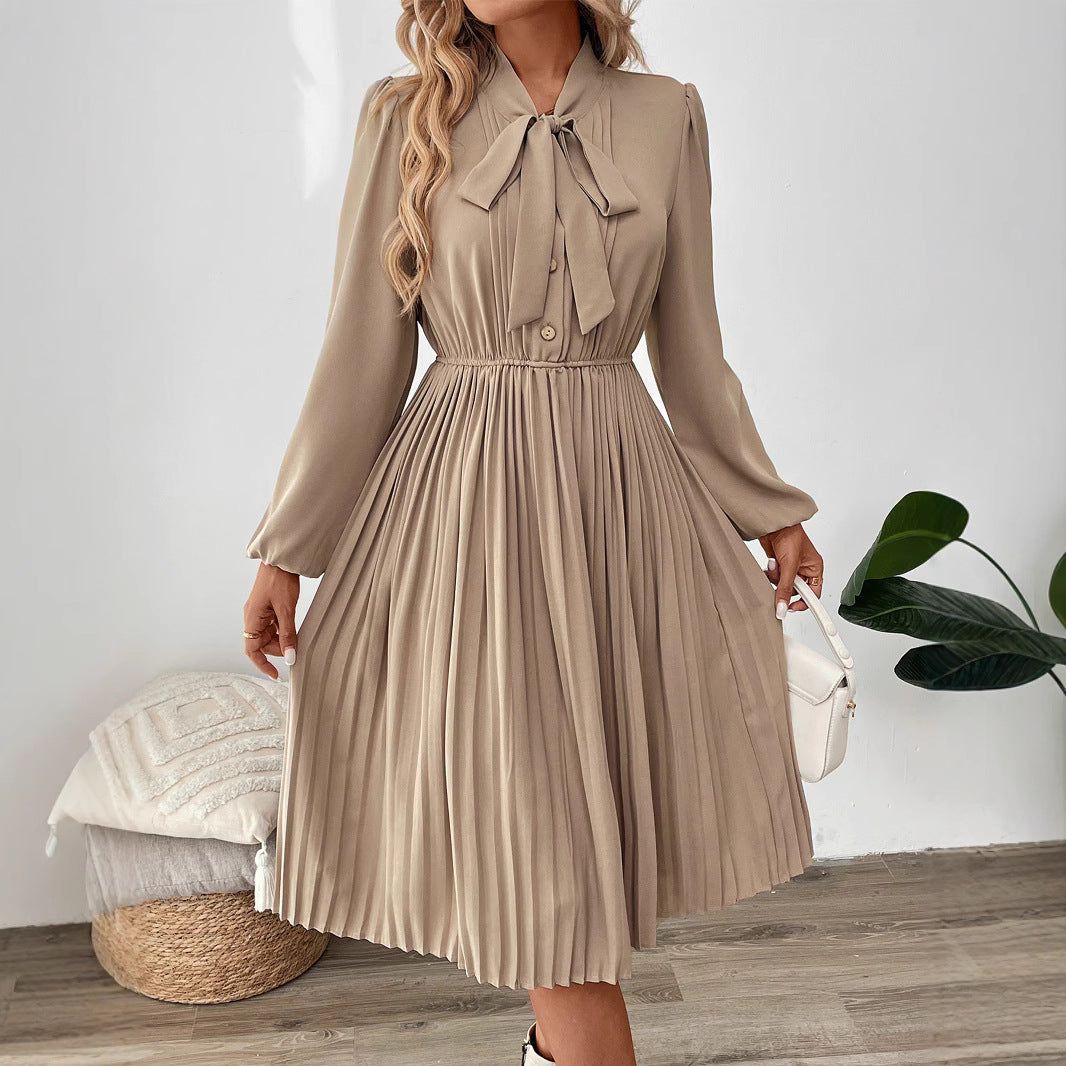Damen Plissiertes Midikleid mit Schluppenkragen, elastischer Taillenpartie und langen Ballonärmeln Drune