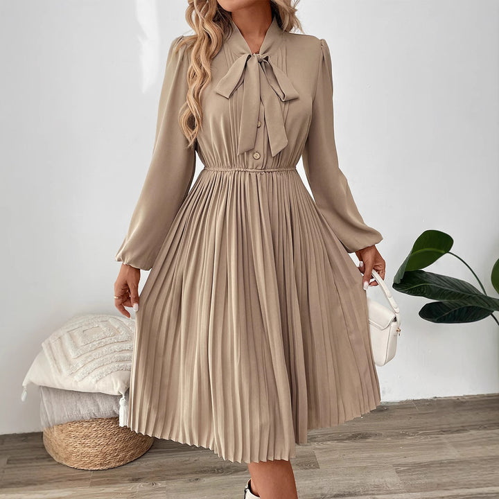 Damen Plissiertes Midikleid mit Schluppenkragen, elastischer Taillenpartie und langen Ballonärmeln Drune