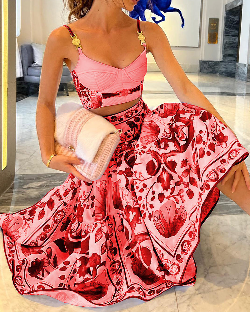 Damen Zweiteiliges Kleidungsset mit floralem Design und modischem Bustier Drune