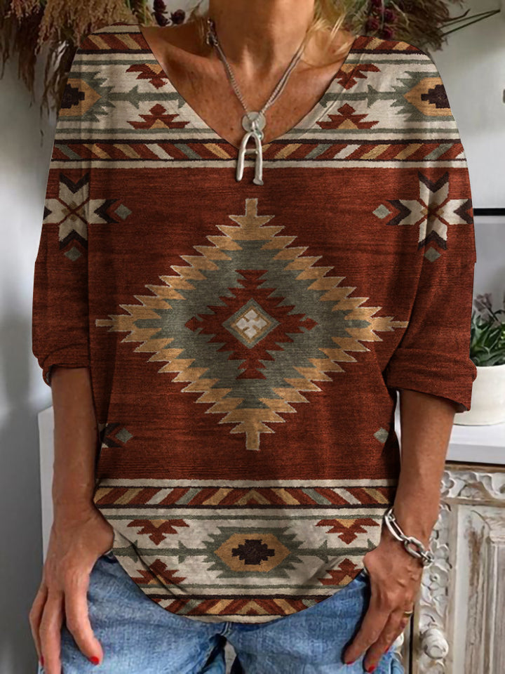 Damen Aztekisch gemustertes Oversize-Tunika-Top mit V-Ausschnitt und dreiviertel-Ärmeln Drune