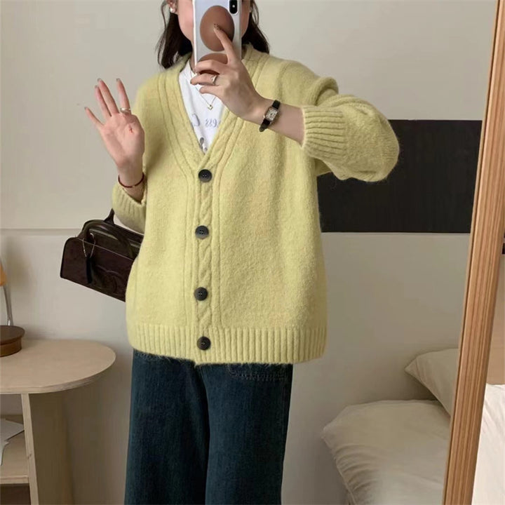 Damen Gemütlicher Strickcardigan mit elegantem V-Ausschnitt und Knopfdetails Drune