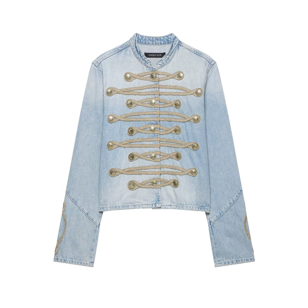 Damen Kurzer Denim-Militärblouson mit dekorativen Kordeln und Stehkragen Drune
