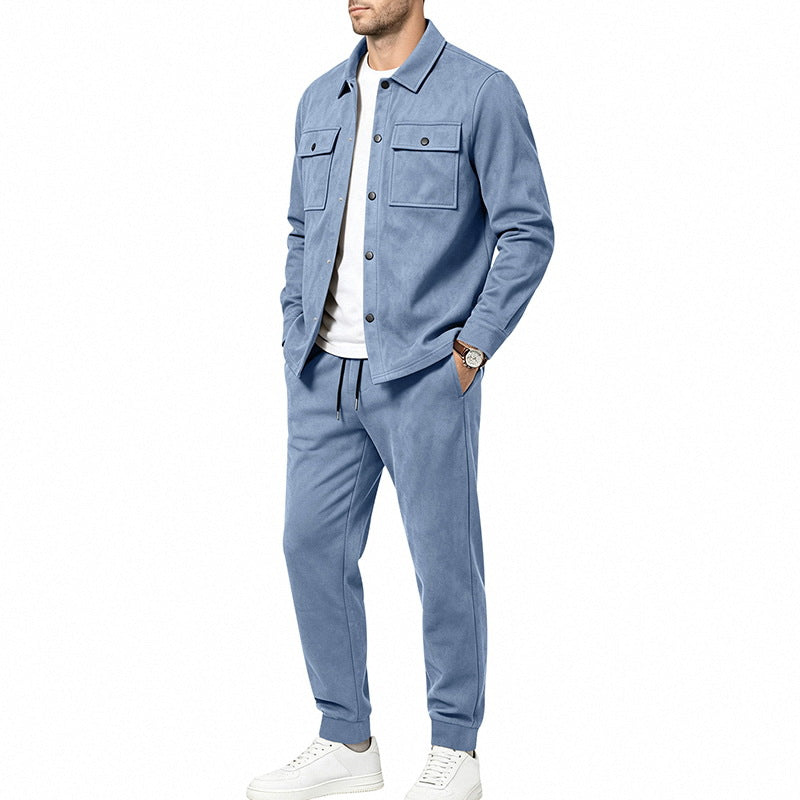 Herren nan Velours-Lounge-Set mit Overshirt, aufgesetzten Brusttaschen und tapered Jogginghose Drune