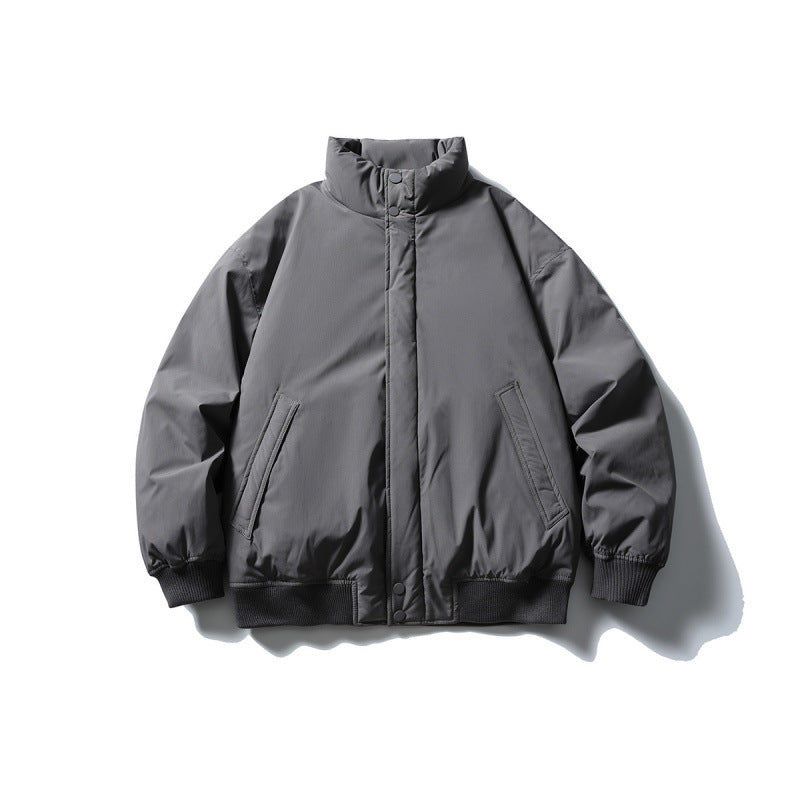 Unisex Kastig geschnittene wattierte Bomberjacke mit hohem Stehkragen und verdeckter Frontblende Drune