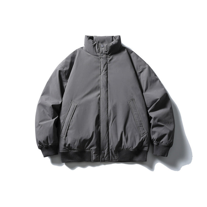 Unisex Kastig geschnittene wattierte Bomberjacke mit hohem Stehkragen und verdeckter Frontblende Drune