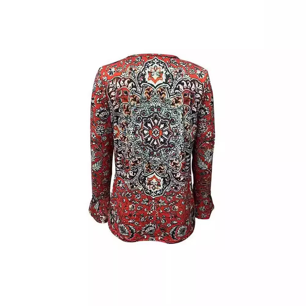 Damen Langarm-Bluse mit ornamentalem Mandala-Print und V-Ausschnitt Drune