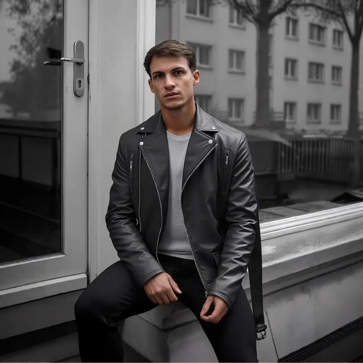 Herren Kunstleder Bikerjacke mit Steppnähten