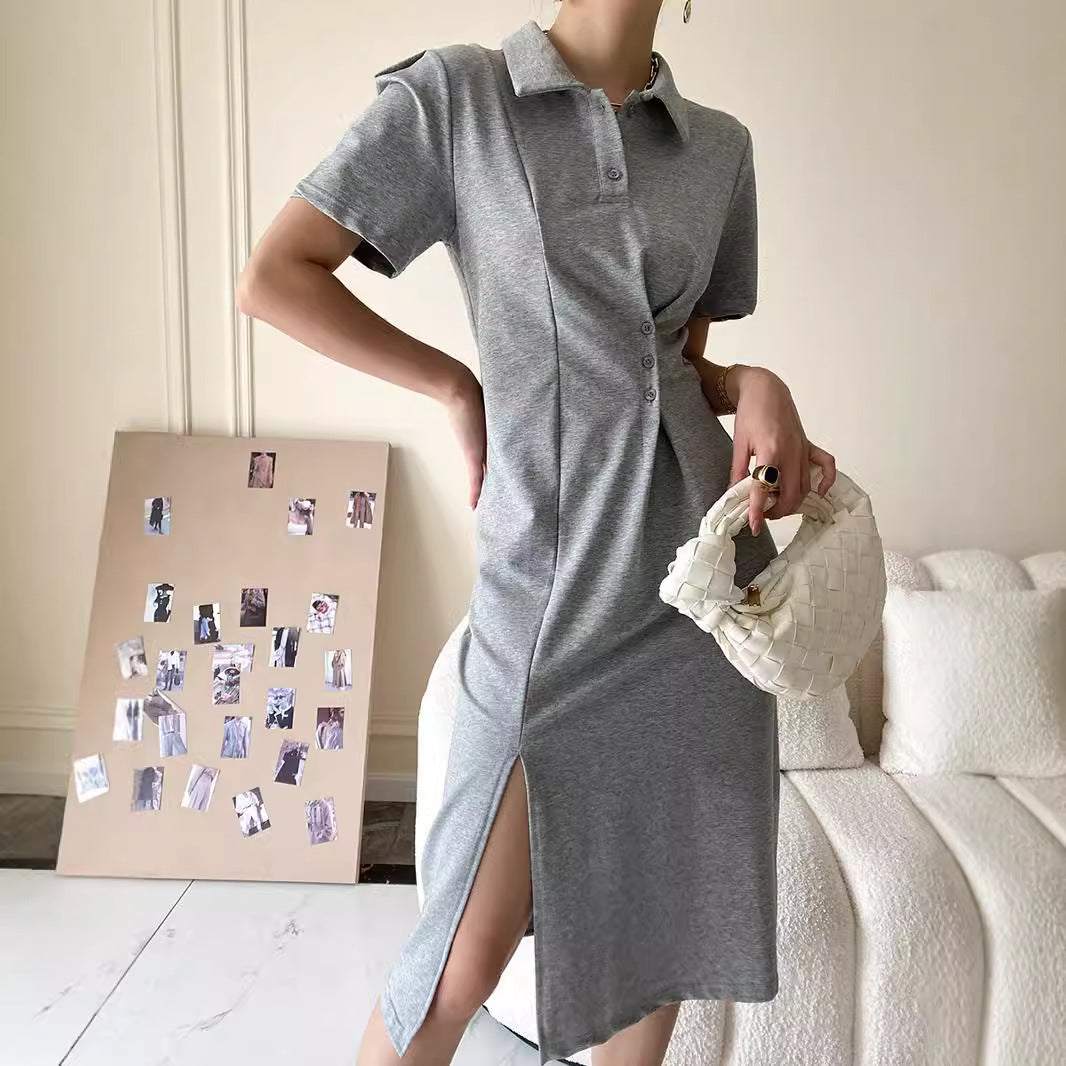 Damen lässiges Polokleid mit Knopfdetails und asymmetrischem Saum Drune