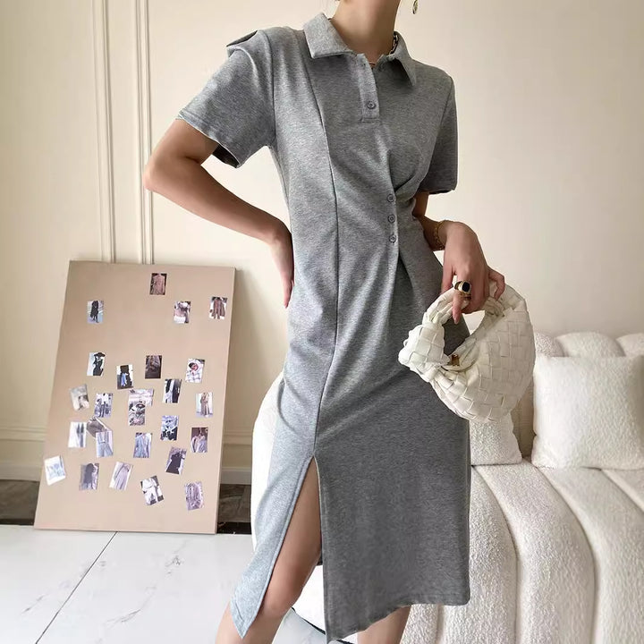 Damen lässiges Polokleid mit Knopfdetails und asymmetrischem Saum Drune