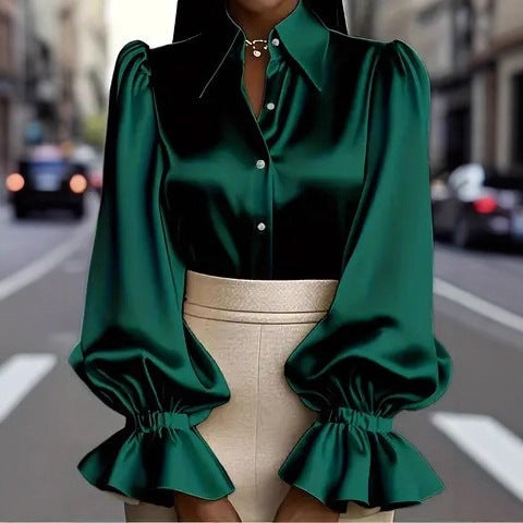 Damen elegante Seidenbluse mit Puffärmeln und schicker Knopfleiste Drune
