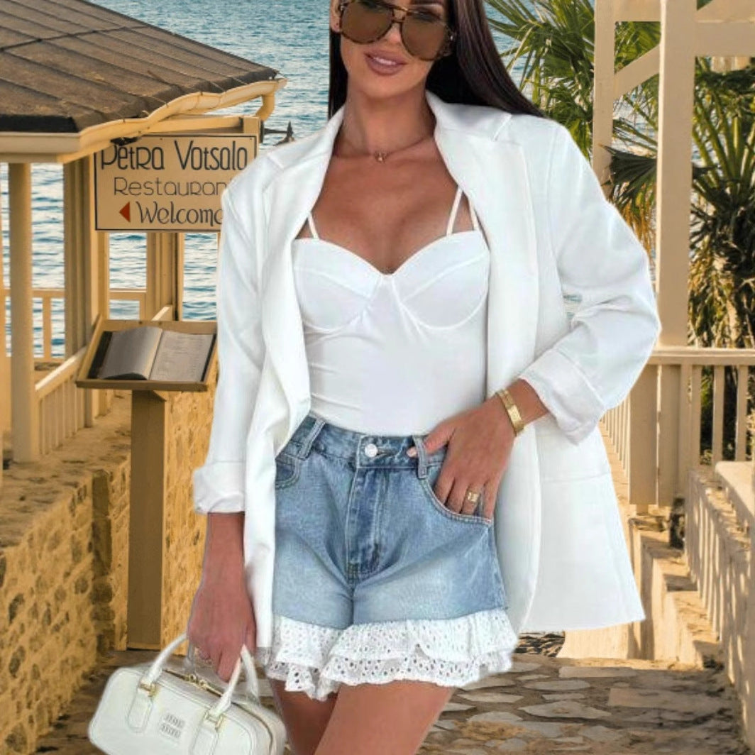 Damen Denim-Shorts mit verspieltem Rüschensaum und hohem Taillenbund Drune