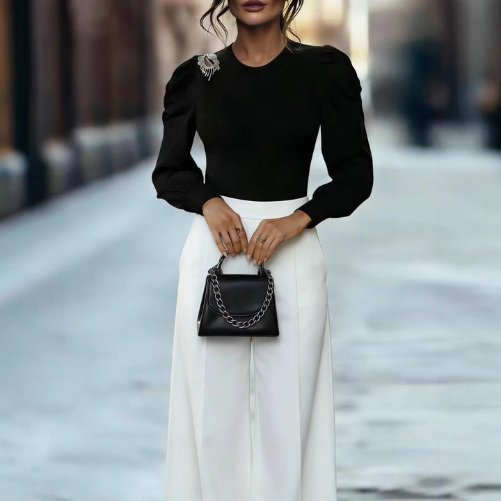 Damen Elegantes Oberteil mit Puffärmeln und dekorativem Broschen-Detail Drune