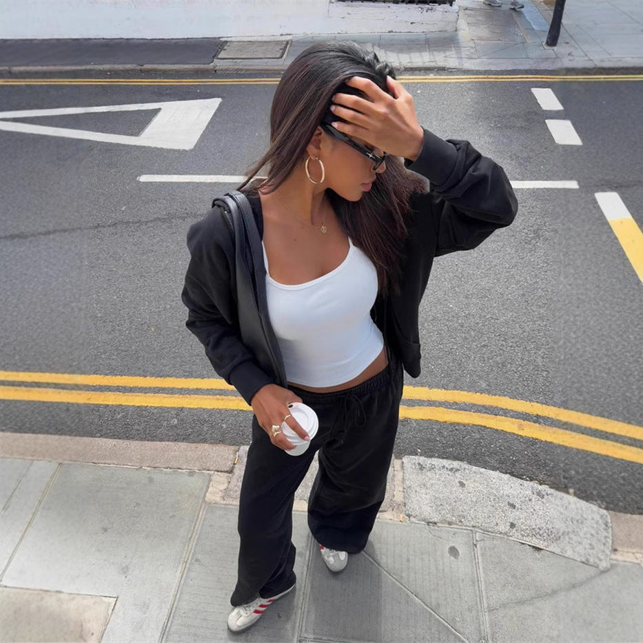 Damen gekürztes Kapuzen-Sweatshirt mit Oversize-Ärmeln und high-waist Wide-Leg Freizeithose Drune